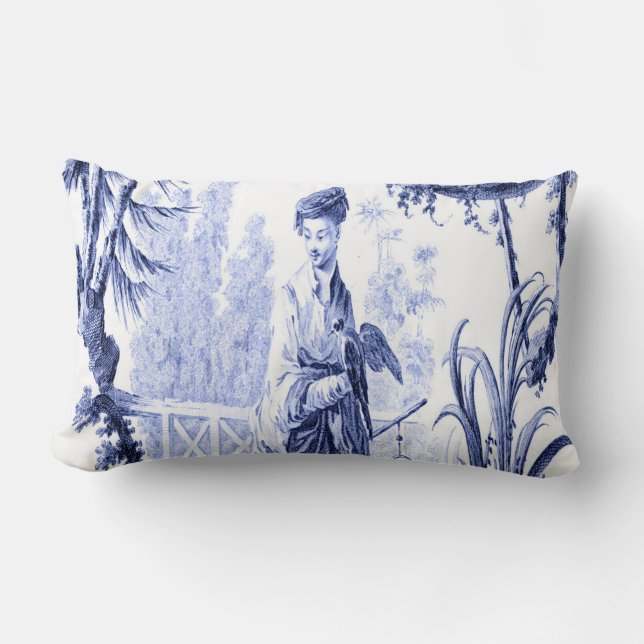 Blue and White Oriental Chinoiserie  Lumbar Pillow (Front)