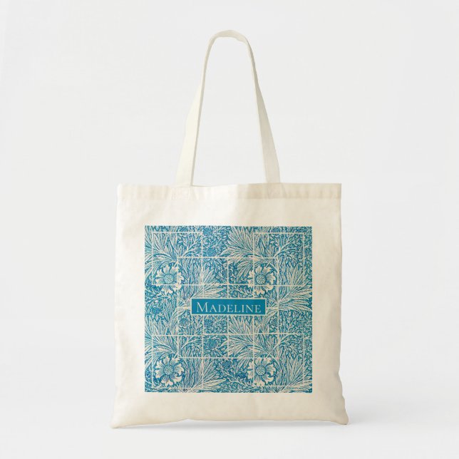 Blue and White Ornamental Floral Pattern Tote Bag (Front)
