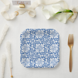 Blue and White Ornate Damask Tile Paper Plate