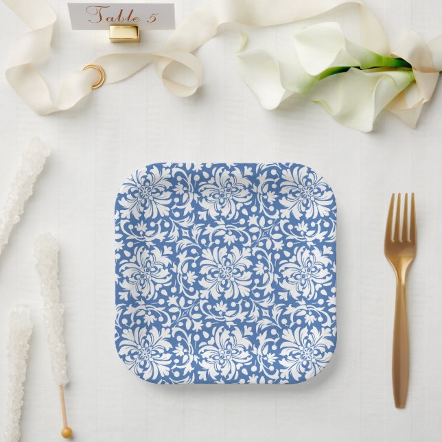 Blue and White Ornate Damask Tile Paper Plate (Wedding)