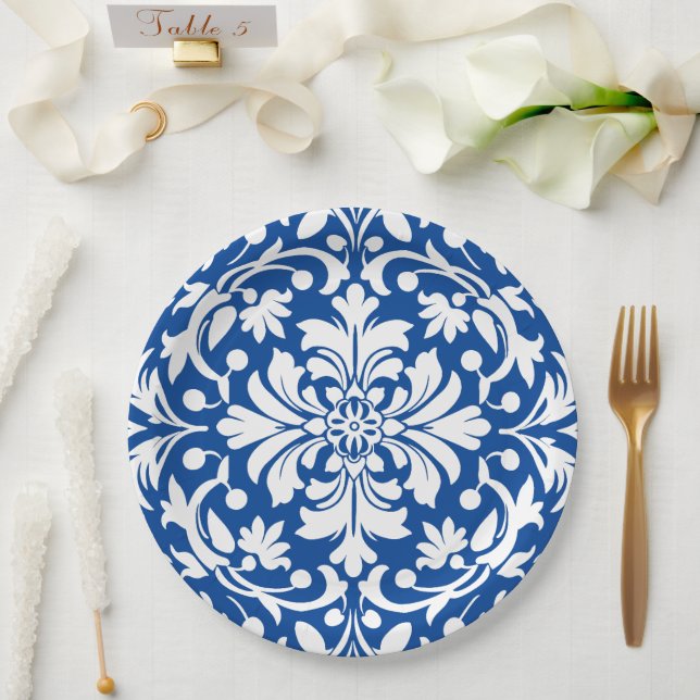 Blue and White Ornate Damask Tile Paper Plate (Wedding)