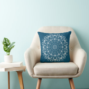 Blue and white owl mandala throw pillow