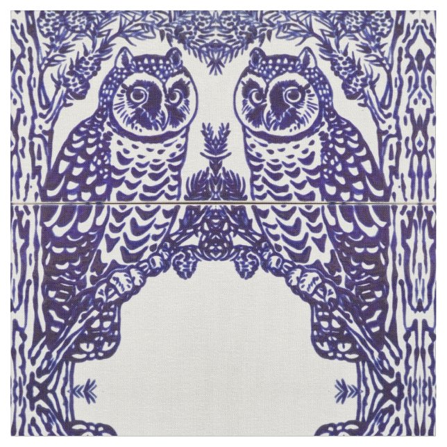 Blue and White Owl Tile Intricate Medallion Fabric (Close Up)