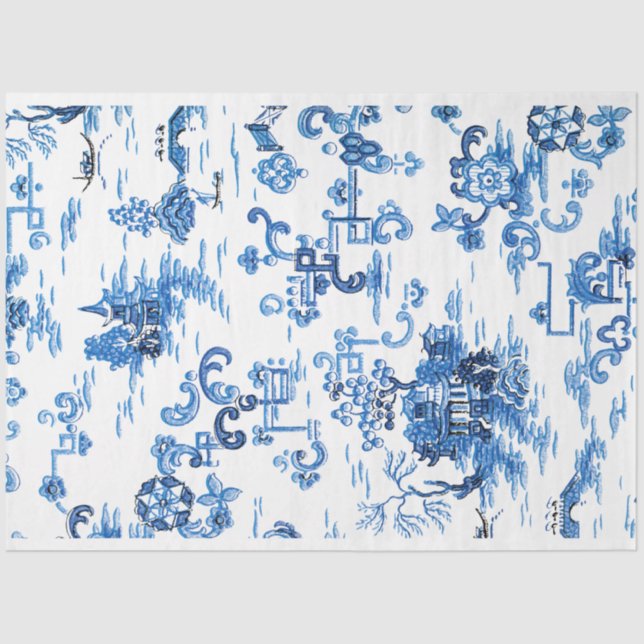 Blue and White Pagoda Chinoiserie Tissue Paper (Front)