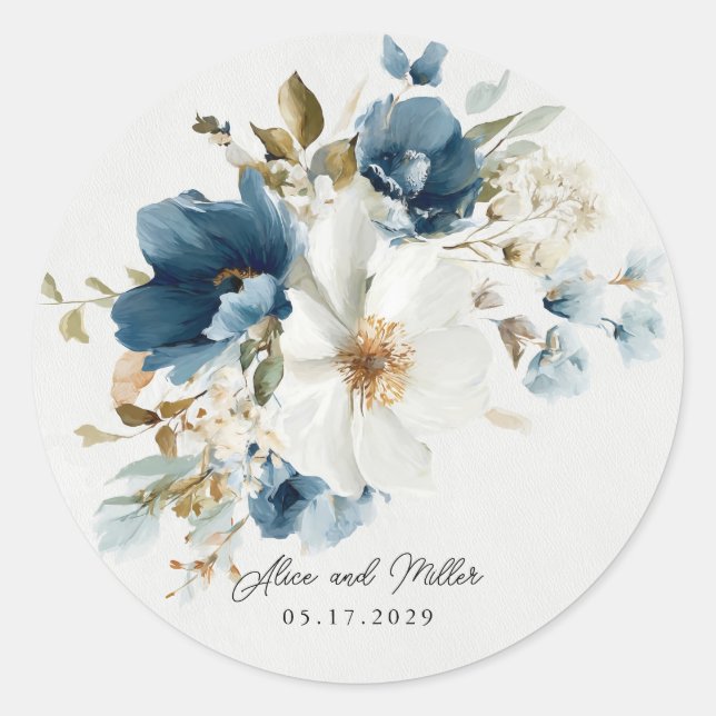 Blue and White Painterly Floral Wedding Classic Round Sticker (Front)