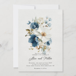 Blue and White Painterly Floral Wedding Invitation