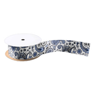 Blue and white paisley satin ribbon