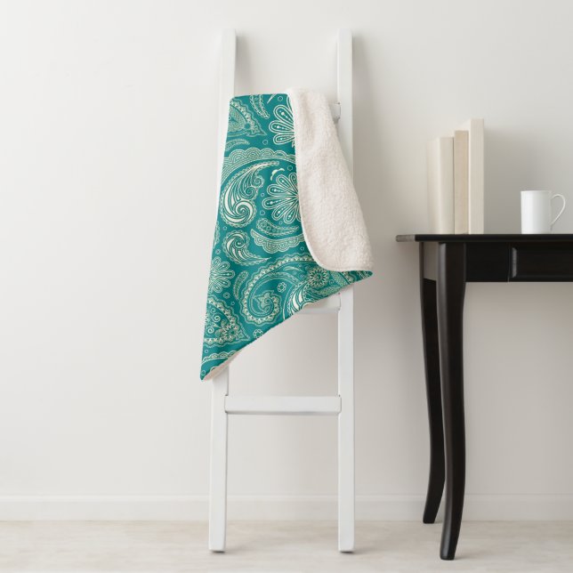 Blue And White Paisley Sherpa Blanket (In Situ)