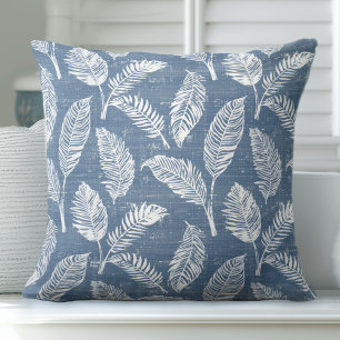 Blue and White Palm Leaves Throw Pillow