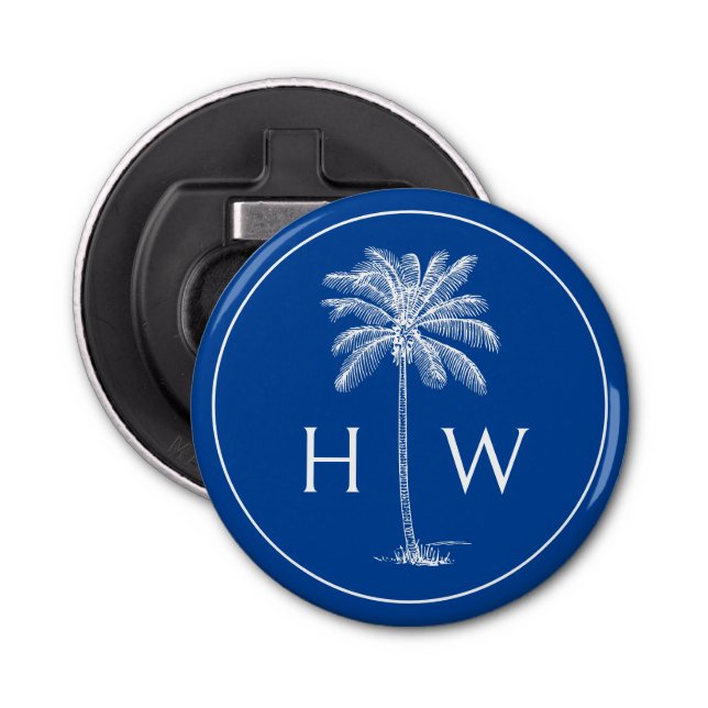 Blue and White Palm Palmetto Tree Monogram Bottle Opener (Front)