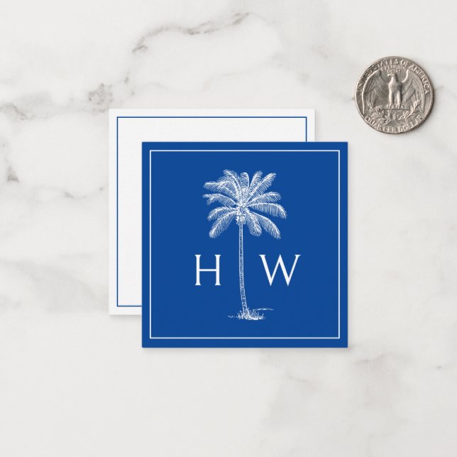 Blue and White Palm Palmetto Tree Monogram Card (Front/Back In Situ)