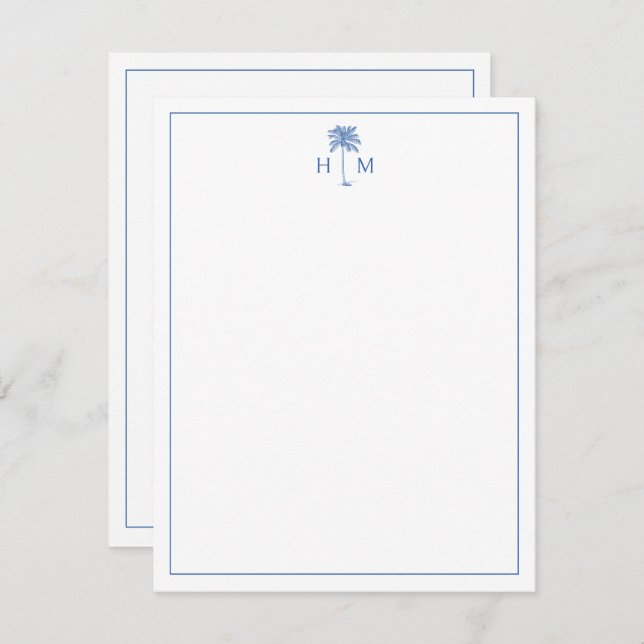 Blue and White Palm Palmetto Tree Monogram Card (Front/Back)