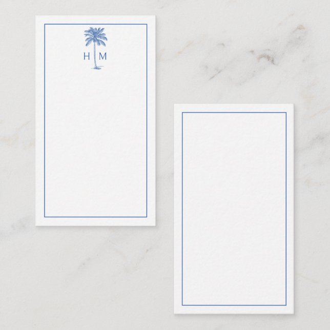 Blue and White Palm Palmetto Tree Monogram Card (Front/Back)