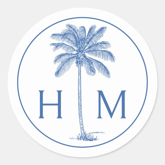 Blue and White Palm Palmetto Tree Monogram Classic Round Sticker (Front)