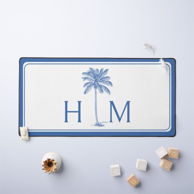 Blue and White Palm Palmetto Tree Monogram Desk Mat (Kids Table)