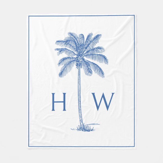 Blue and White Palm Palmetto Tree Monogram Fleece Blanket (Front)