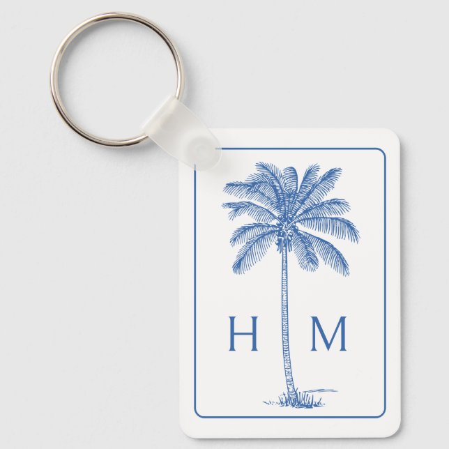 Blue and White Palm Palmetto Tree Monogram Keychain (Front)