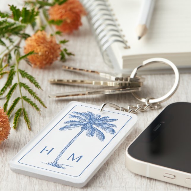 Blue and White Palm Palmetto Tree Monogram Keychain (Front Right)