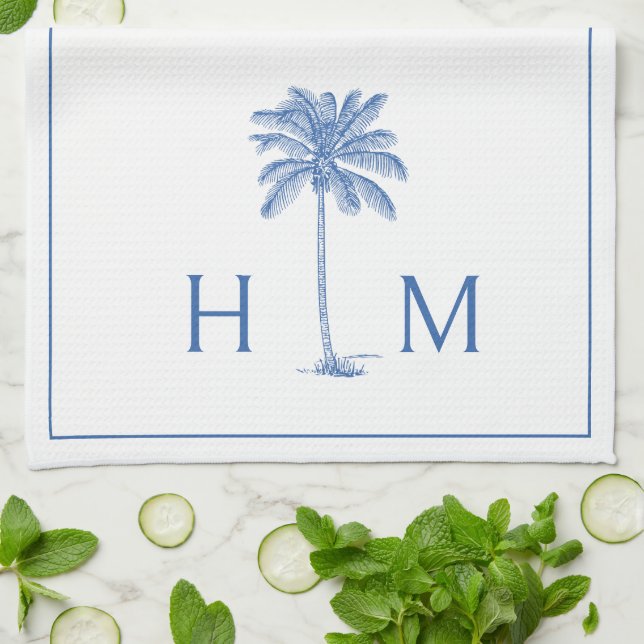 Blue and White Palm Palmetto Tree Monogram Kitchen Towel (Folded)