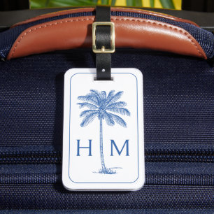 Blue and White Palm Palmetto Tree Monogram Luggage Tag