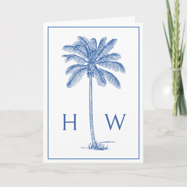 Blue and White Palm Palmetto Tree Monogram Note Card (Front)