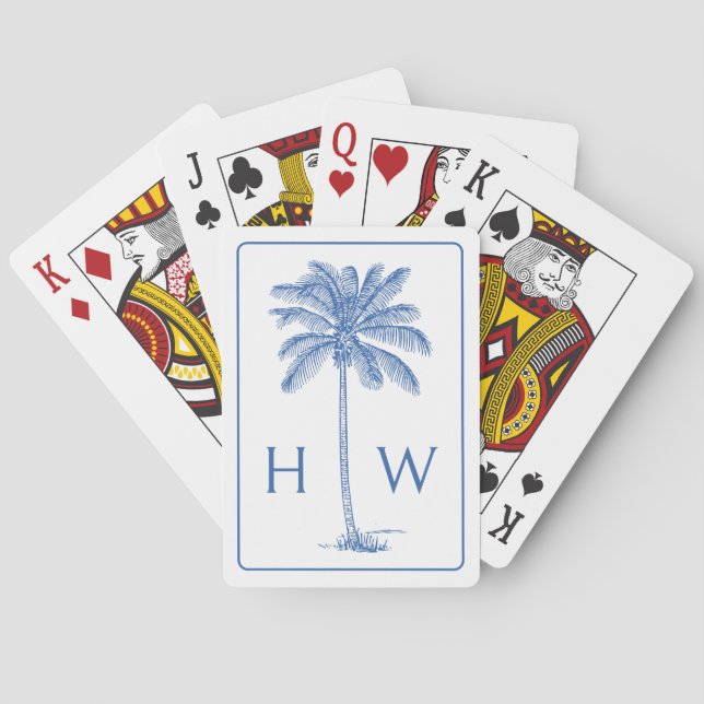 Blue and White Palm Palmetto Tree Monogram Playing Cards (Back)