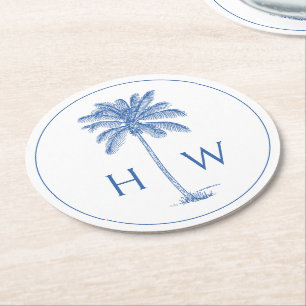 Blue and White Palm Palmetto Tree Monogram Round Paper Coaster