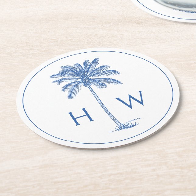 Blue and White Palm Palmetto Tree Monogram Round Paper Coaster (Angled)