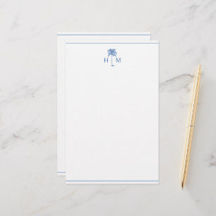 Blue and White Palm Palmetto Tree Monogram Stationery