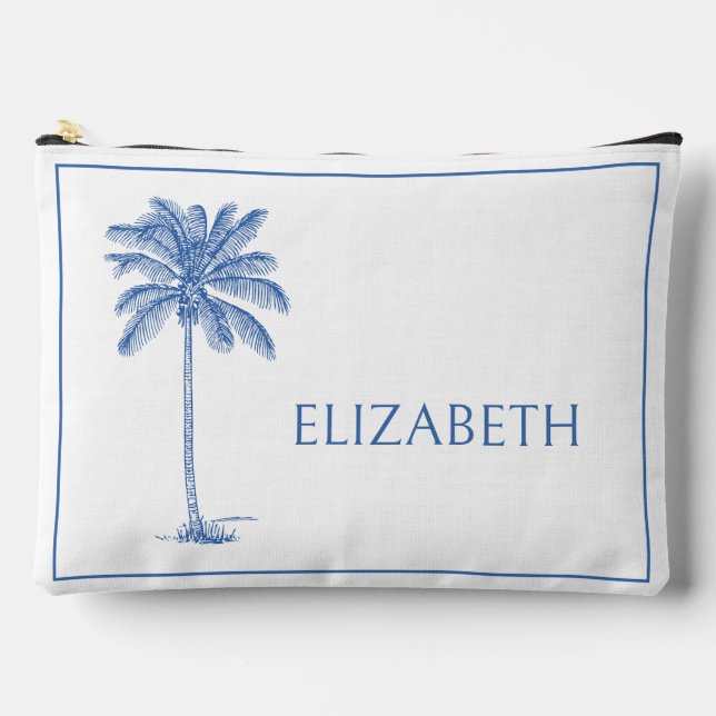 Blue and White Palm Palmetto Tree Personalized Accessory Pouch (Front)