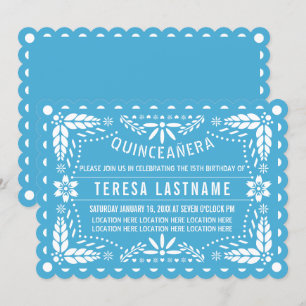Blue and white papel picado Quinceañera Invitation