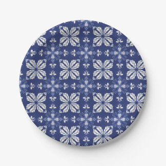 Blue and white paper plate with intricate floral