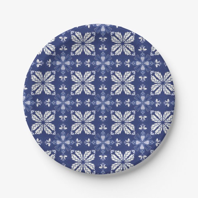 Blue and white paper plate with intricate floral (Front)