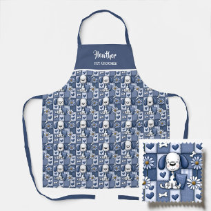 Blue and White Patchwork Dog Pattern Pet Groomer Apron