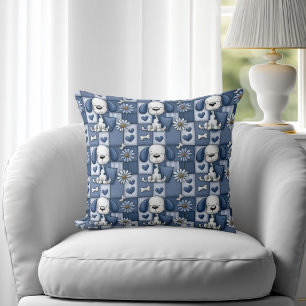 Blue and White Patchwork Dog Pattern Throw Pillow