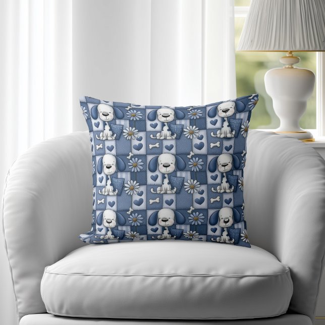 Blue and White Patchwork Dog Pattern Throw Pillow (Creator Uploaded)