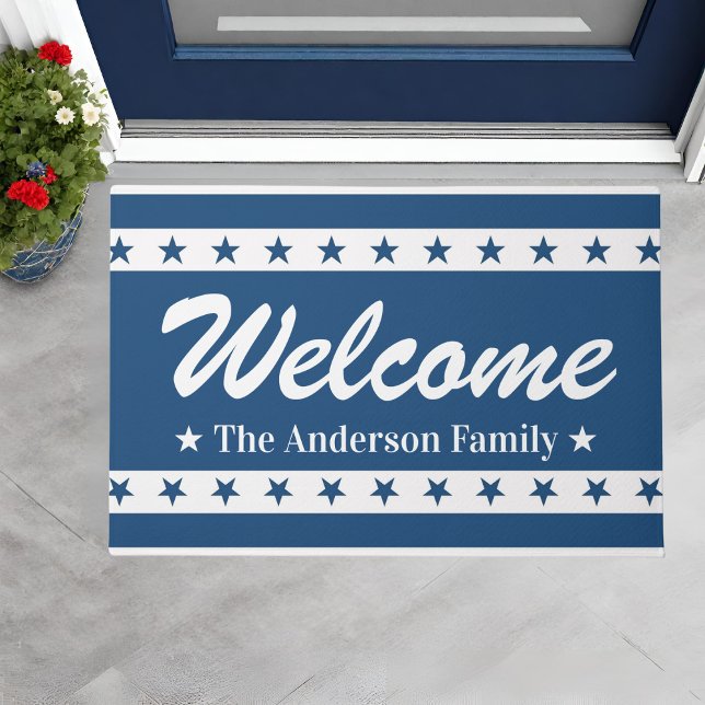 Blue and White Patriotic Stars Custom Name Welcome Doormat (Blue and White Patriotic Stars Custom Name Welcome Doormat)