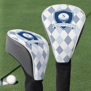 Blue and White Pattern Modern Initial Monogram Golf Head Cover
