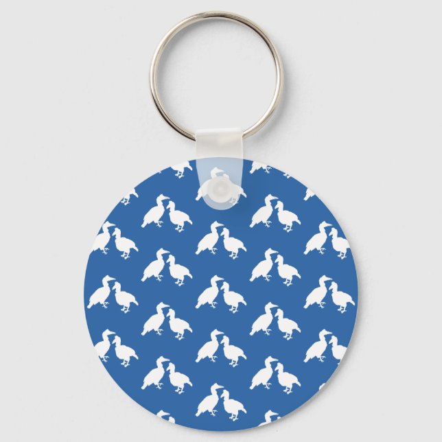 Blue and White Pattern of Birds. Keychain (Front)
