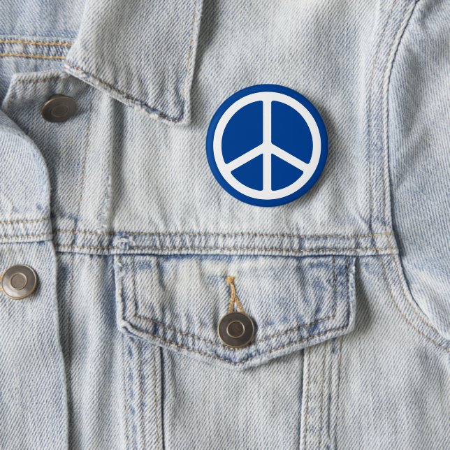Blue and White Peace Symbol Pinback 2 Inch Round Button (In Situ)