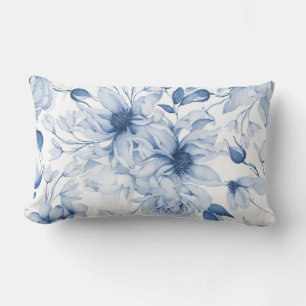 Blue and White Peonies and Blossoms Watercolor Lumbar Pillow