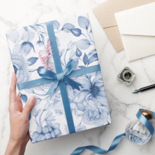 Blue and White Peonies and Blossoms Watercolor Wrapping Paper