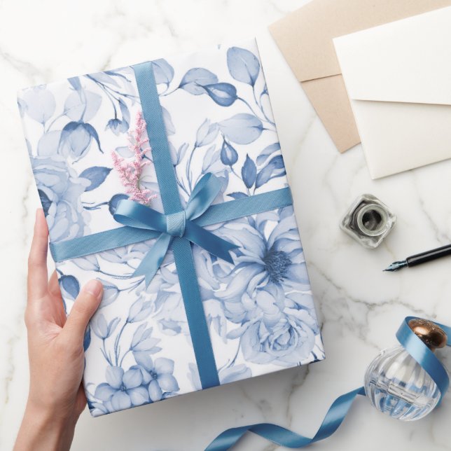 Blue and White Peonies and Blossoms Watercolor Wrapping Paper (Gifting)
