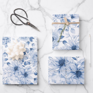 Blue and White Peonies and Blossoms Watercolor  Wrapping Paper Sheet
