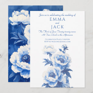Blue and white peonies wedding invitation