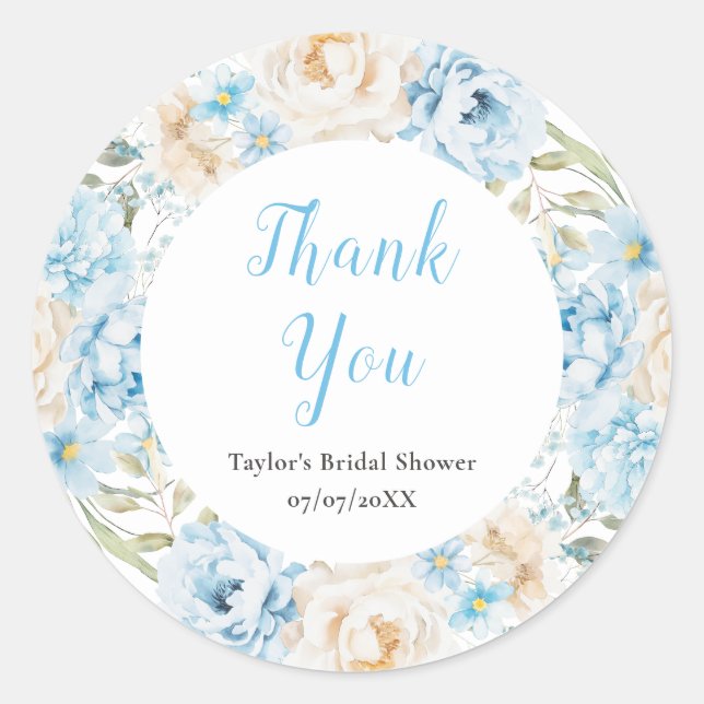 Blue and White Peony Bridal Shower Thank You Classic Round Sticker (Front)