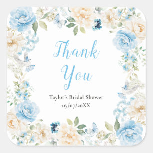 Blue and White Peony Bridal Shower Thank You Square Sticker