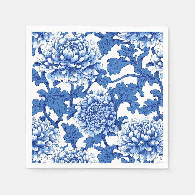 Blue and White Peony Chinoiserie Floral Napkin (Front)