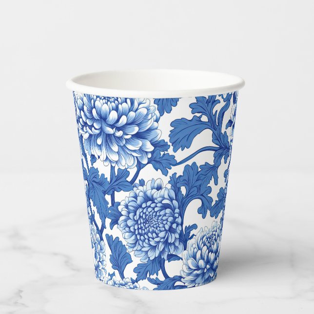Blue and White Peony Chinoiserie Floral Paper Cups (Front)