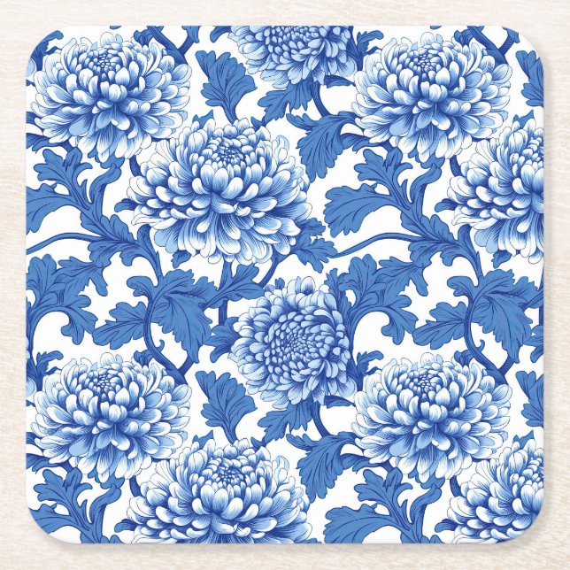 Blue and White Peony Chinoiserie Floral Square Paper Coaster (Front)